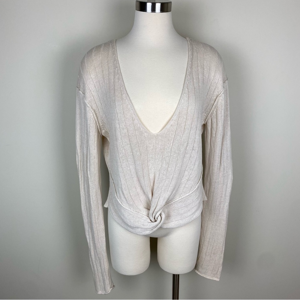 Free People Got Me Twisted Sweater Beige Sz S Front Knot Linen Blend Long Sleeve